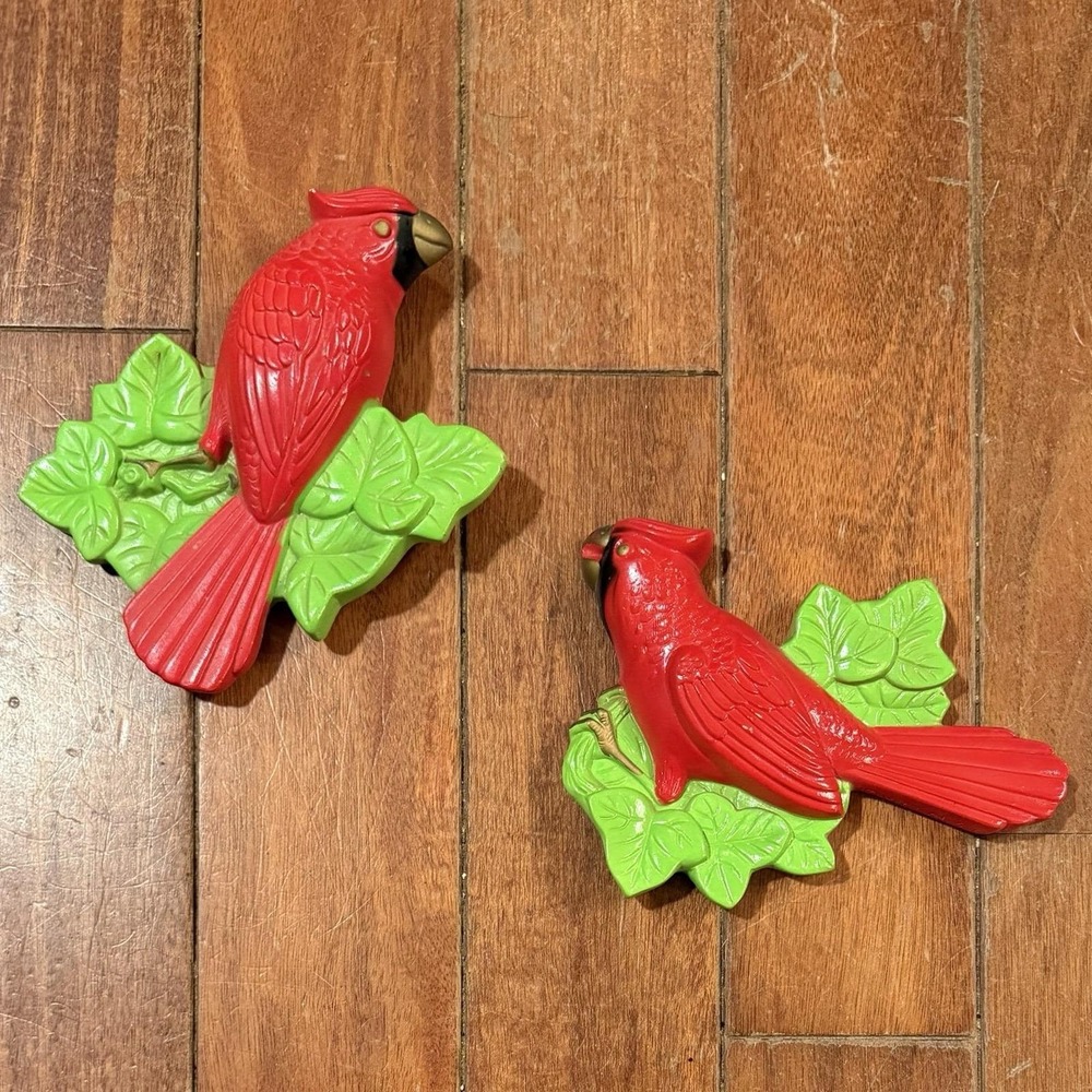 VTG Pair 1970s 70s Miller Studio Chalkware Red Cardinal Birds Wall Decor Plaques